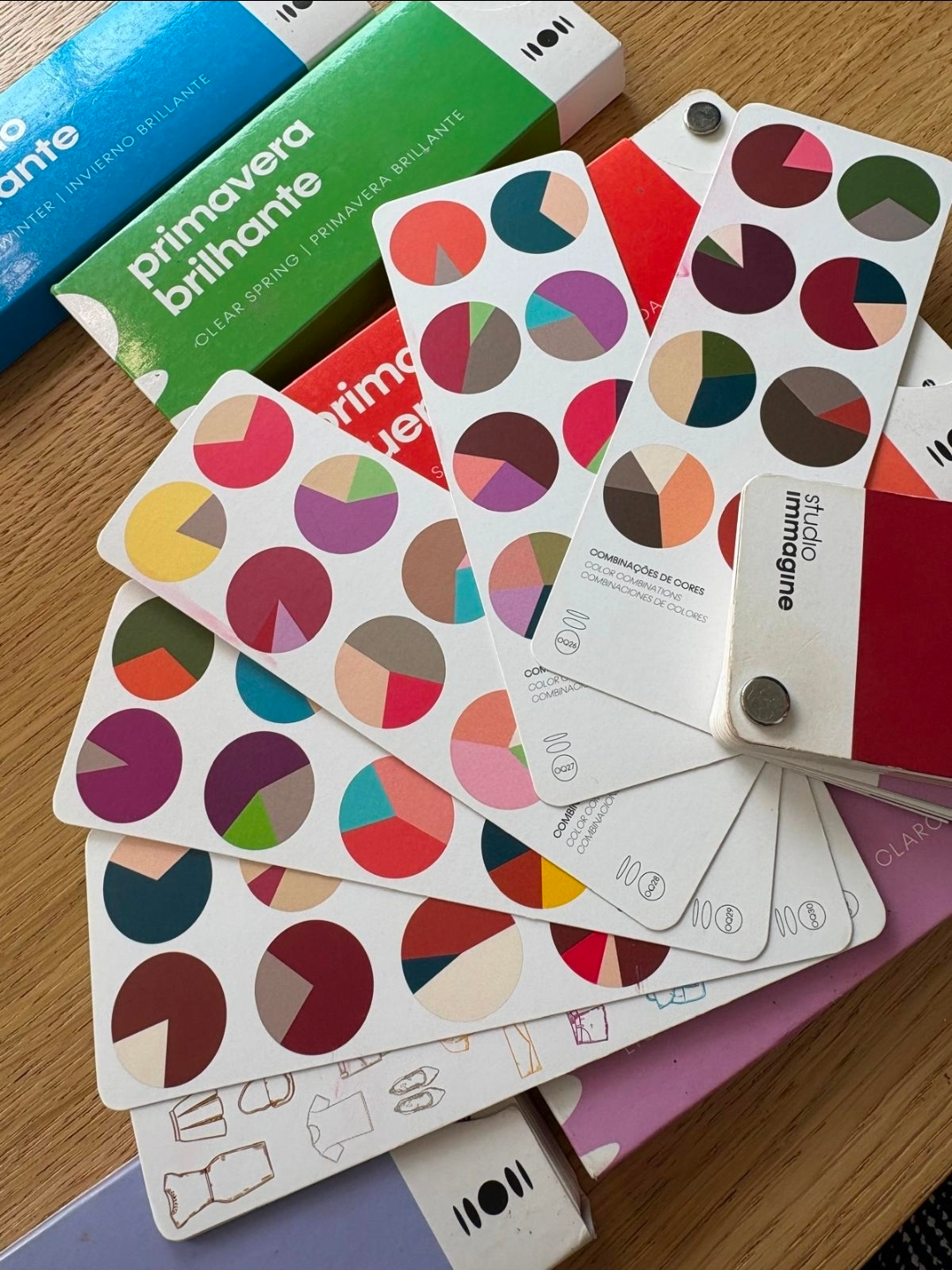 Colour combination cards and seasonal palettes on the KM Style studio table